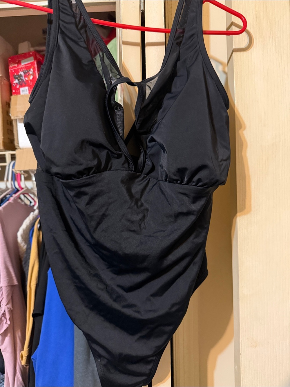 Time and Tru Black V-Neck One-Piece Swimsuit with Mesh Inset